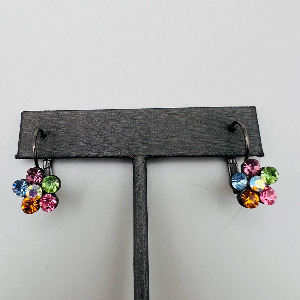 Multicolor Rhinestone Flower Leverback Earrings Gunmetal Tone Floral Jewelry